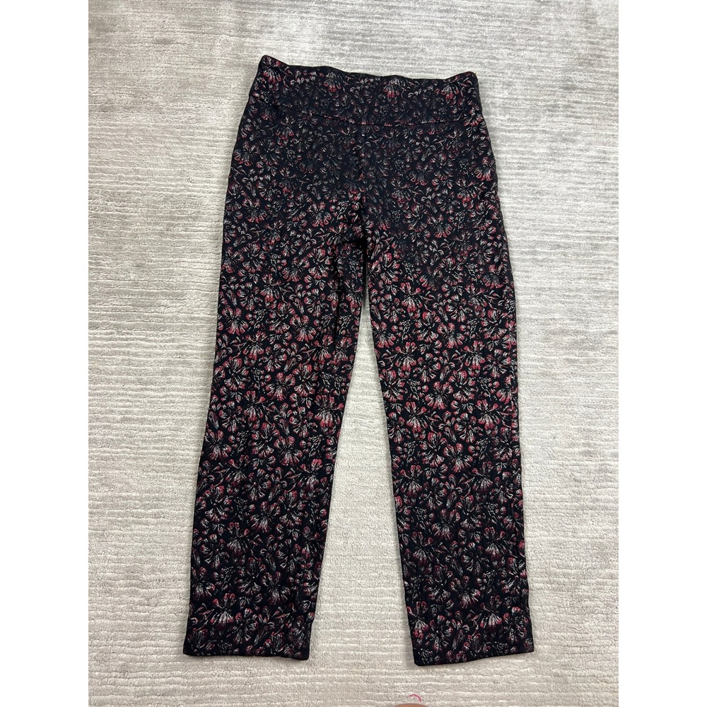 New Directions Pants Womens 10 Black Red Floral Jacquard Metallic Straight Leg